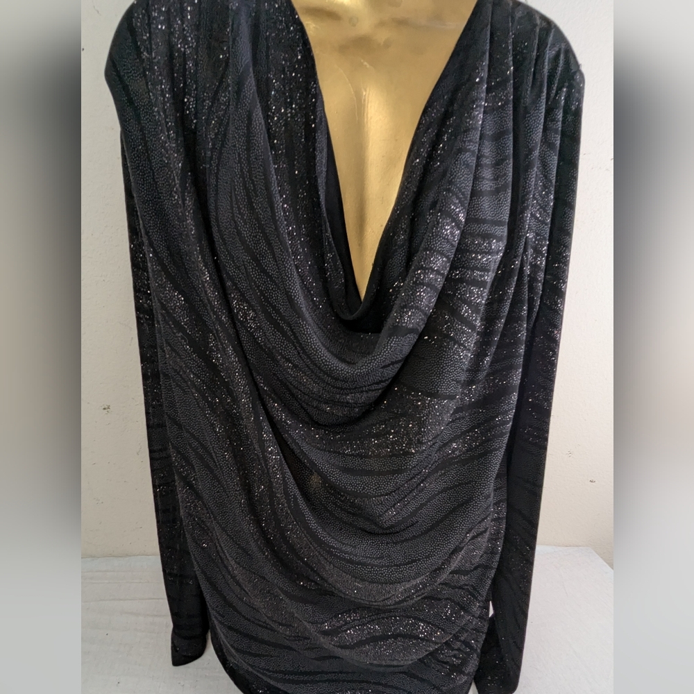 Alice + Olivia Black Sparkle Draped Cowl Neck Top